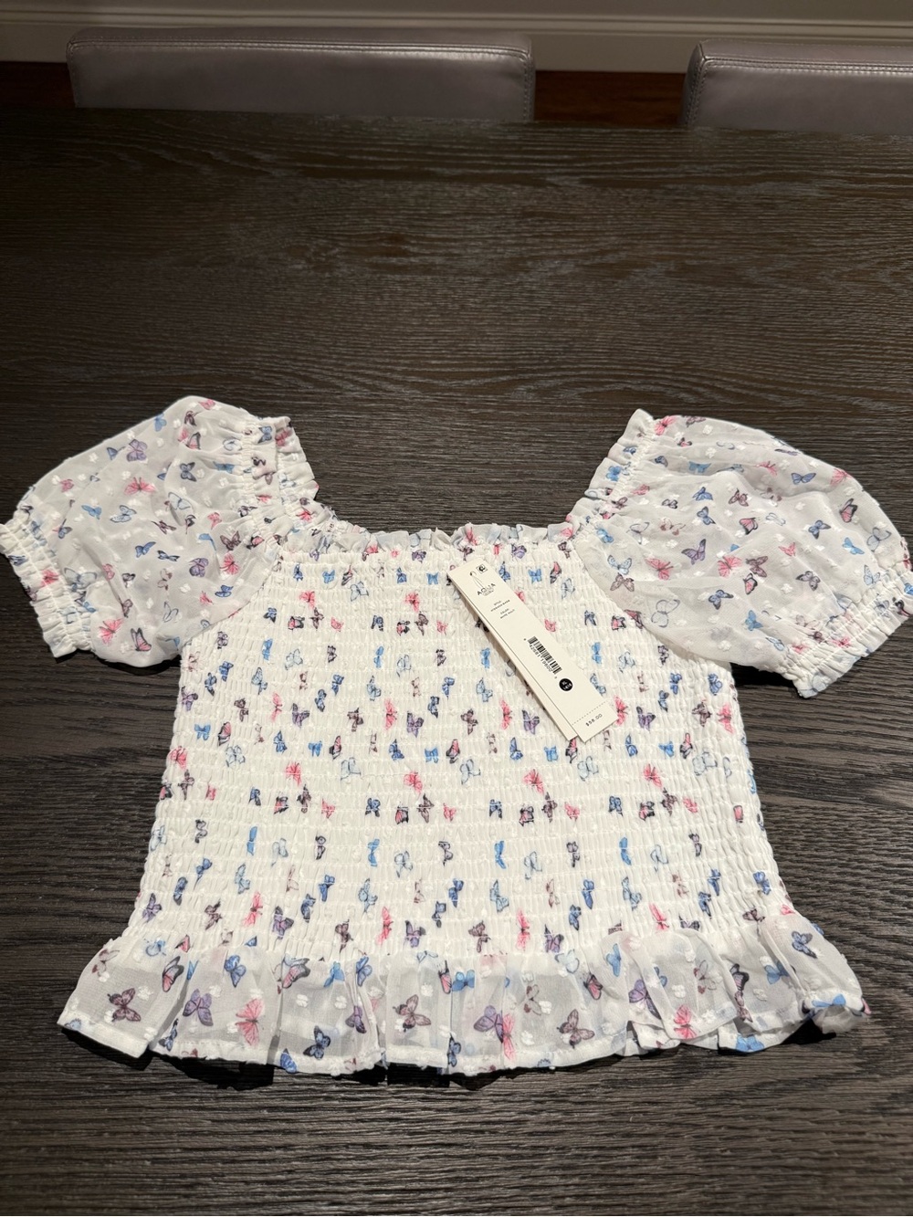 Aqua White Smocked Puff-Sleeve Butterfly Print Top